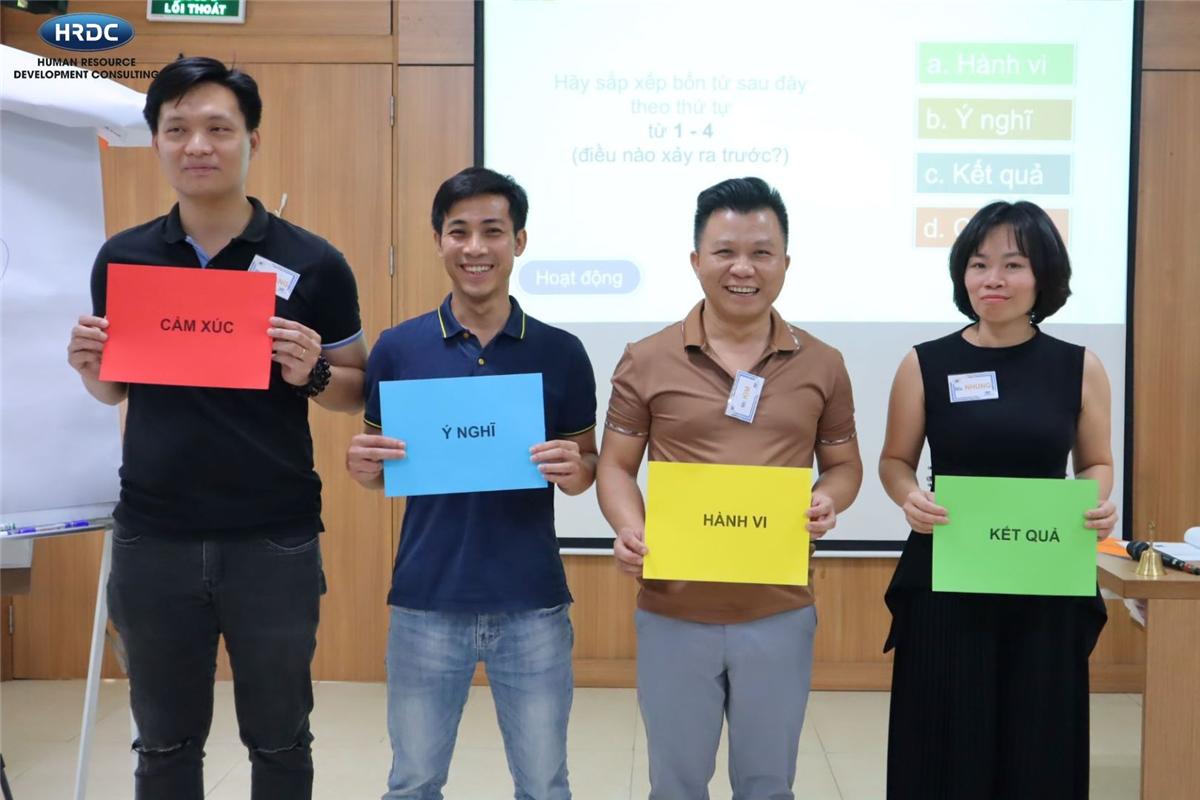 Học viên cầm thẻ Cảm xúc, Ý nghĩ, Hành vi, Kết quả trong hoạt động trên lớp